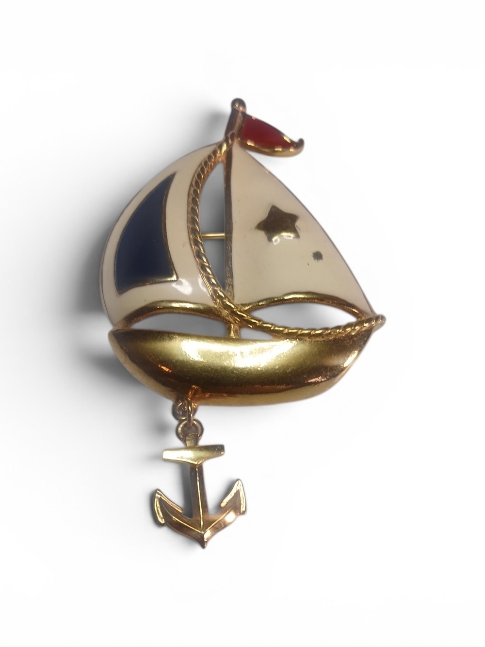 Avon Gold Tone Enamel Sailboat Brooch with Blue, White and Red Accents